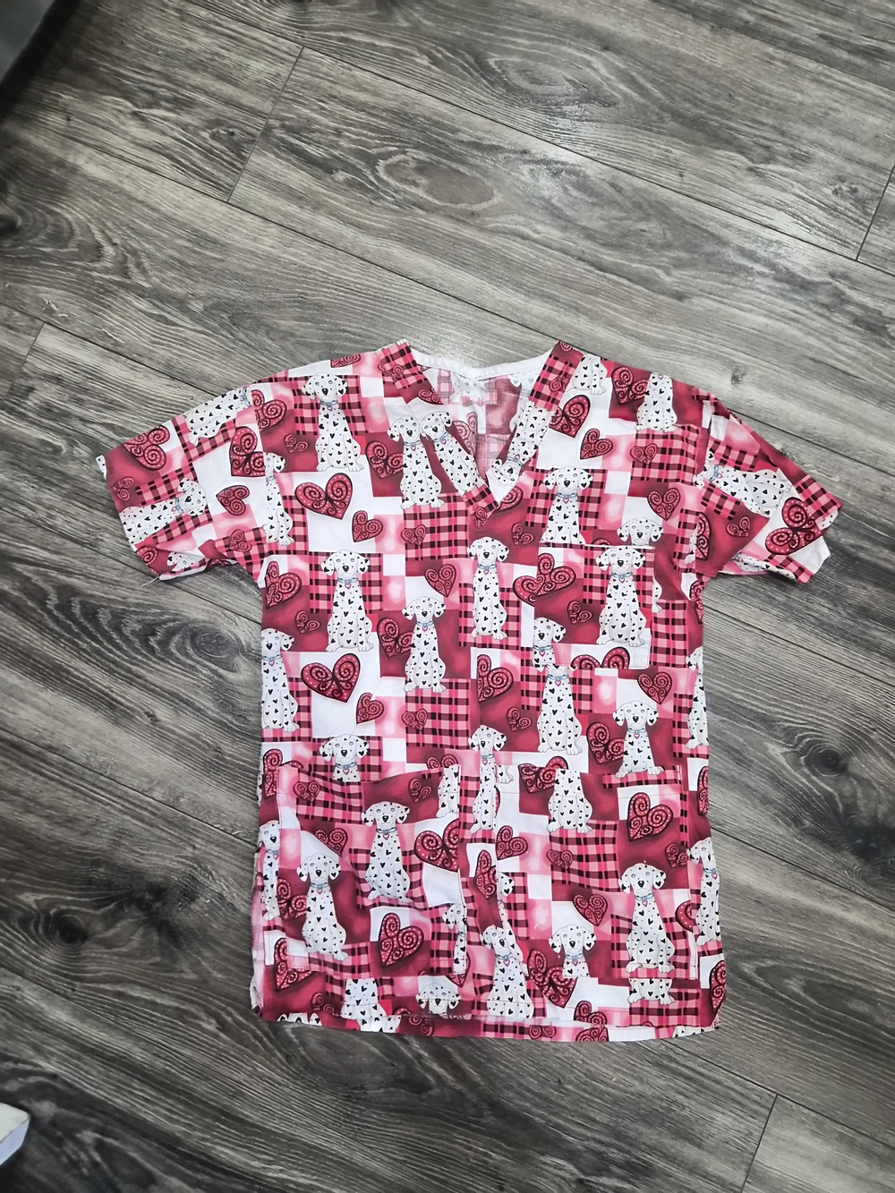 Pink and White Dog Print Scrub Top